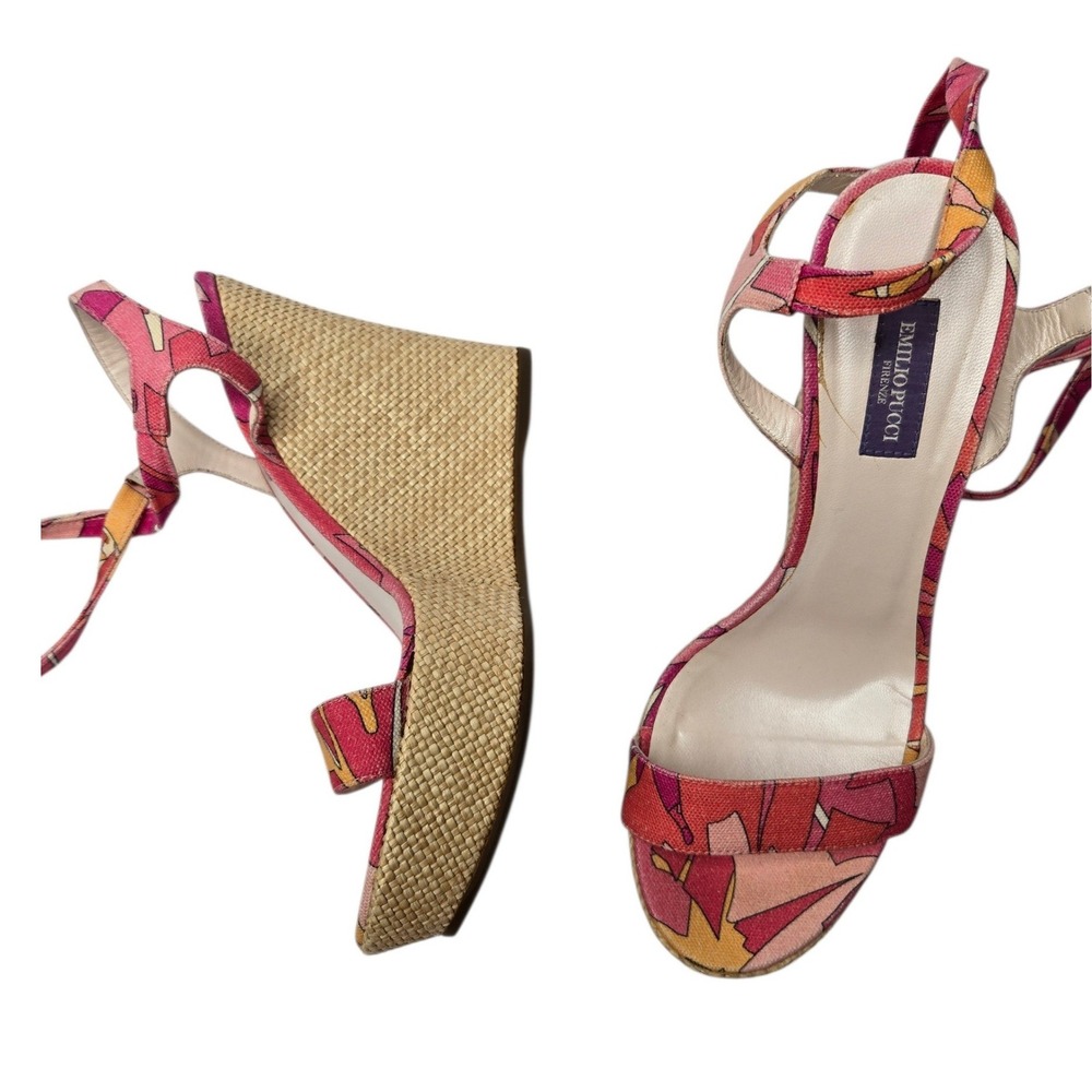 Emilio Pucci Y2K Raffia Espadrille Wedge Sandals 38 Pink Abstract Italy Tie Heel - Picture 8 of 16